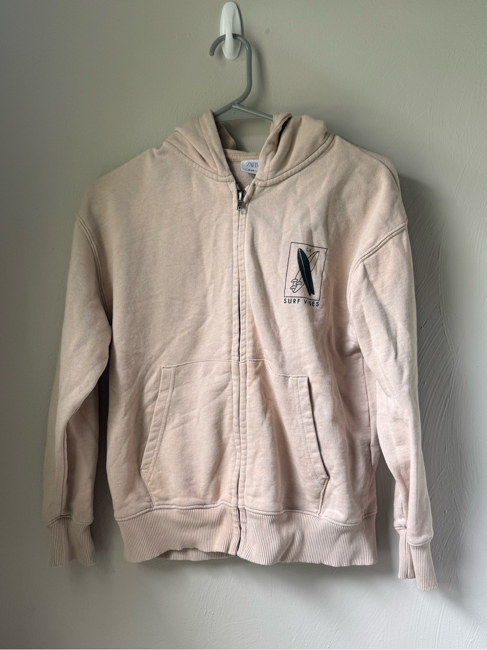 Zara Kids Cream Zip Hoodie with Surf Graphic